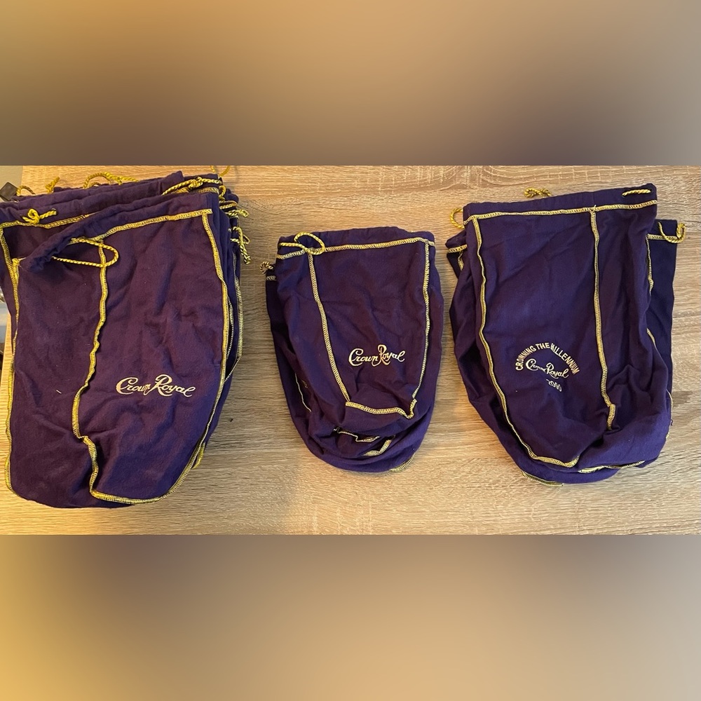 Bundle of 20 Crown Royal Purple bags various sizes designs 9” 13” drawstring